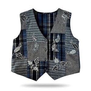 Keren Hart Vintage Wool Patchwork Embroidered Leaf Vest Blue Grey Plaid Medium